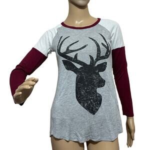 Pink Foot Deer Graphic Tee Small- Gray Maroon Black- Long Sleeve Cozy Fashion